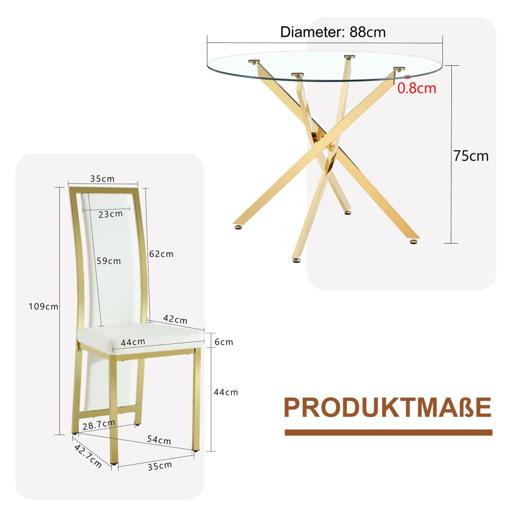 Set tavolo da pranzo e sedie con 1 tavolo rotondo e 4 sedie in vetro temperato metallo e PU bianco e oro