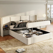 Letto matrimoniale 160x200 cm in velluto beige con contenitore idraulico; 2 comodini e USB