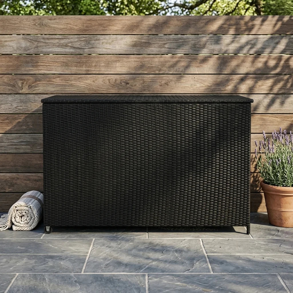 Box Contenitore Rattan Giardino 996L Nero Baule Grande con Rivestimento