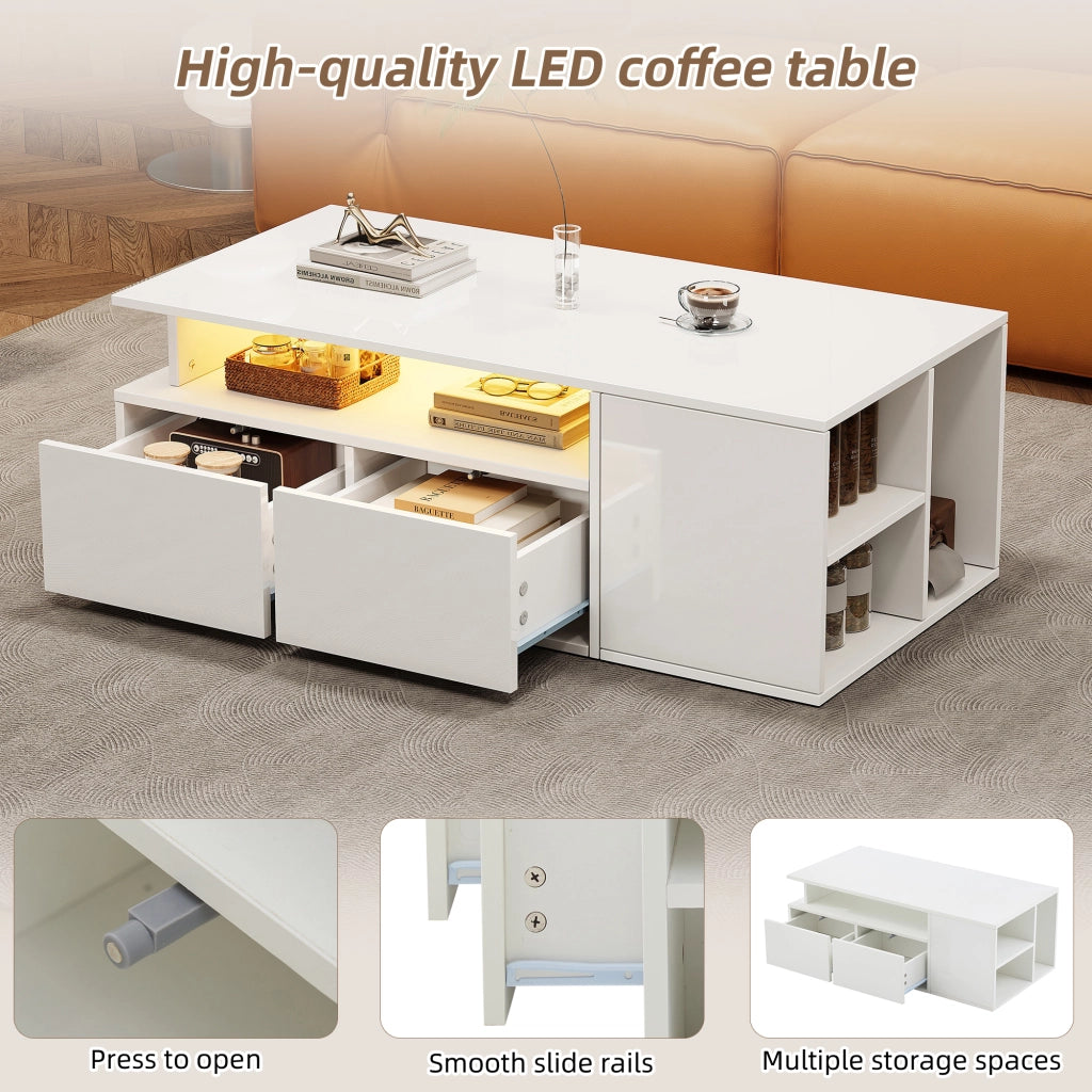Tavolino LED 2 Cassetti 3 Livelli e 3 Nicchie per Salotto in Truciolare Bianco 100 × 50 × 35 cm