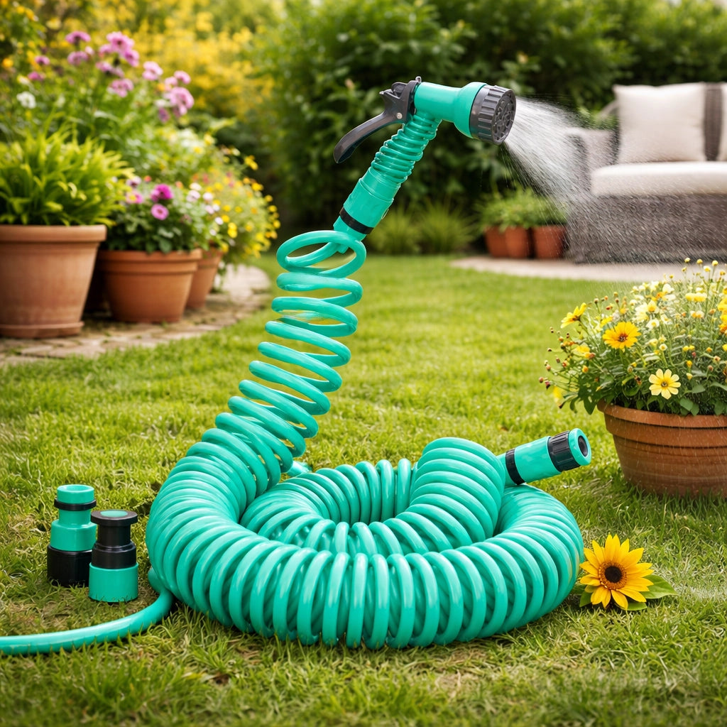 Tubo Estensibile 15MT a Molla Pvc con Doccetta 8 Funzioni Irrigazione Giardino