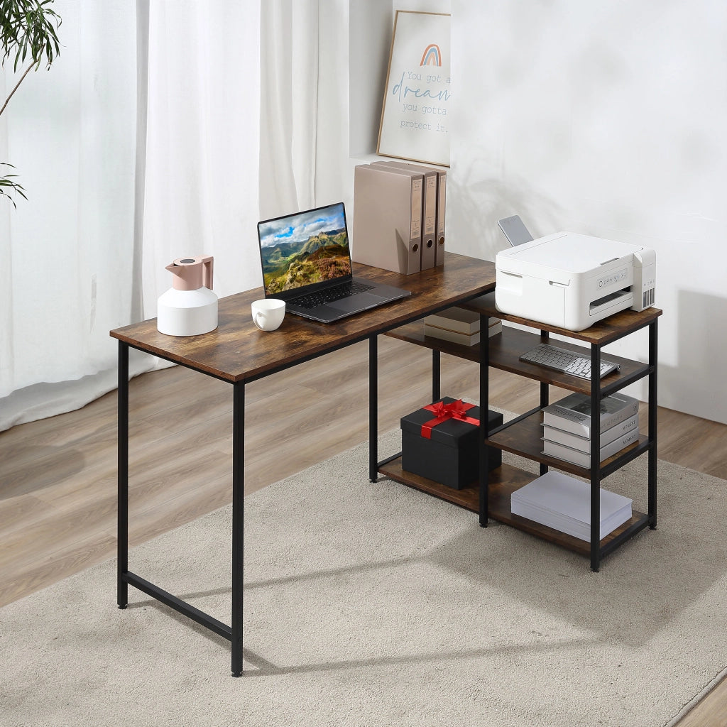 Scrivania angolare con 3 ripiani, per ufficio e home office, in truciolato e acciaio, nero, 135 × 90 × 79 cm