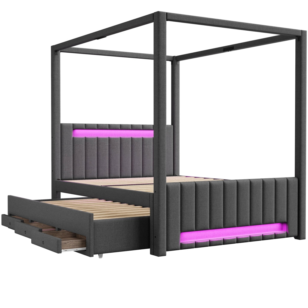 LETTO A BALDACCHINO 140x200 cm Grigio in lino e MDF con letto estraibile, cassetti e LED