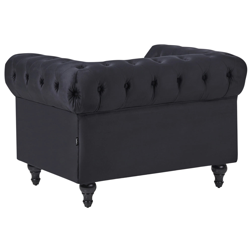 Poltrona Chesterfield Rivestimento in Tessuto Velluto Nero Gambe in Legno Scuro Contemporanea