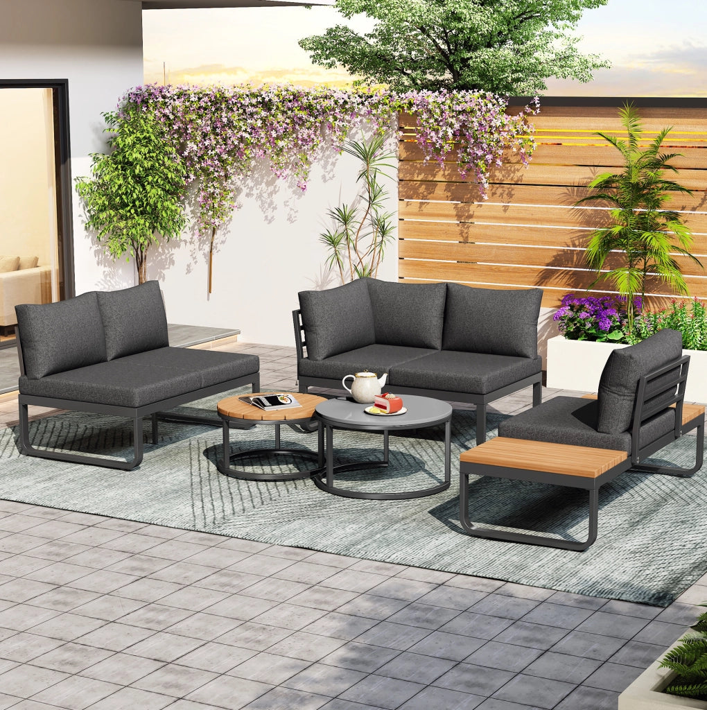 Set da giardino 5 posti con cuscini e 2 tavolini sovrapponibili; ferro zincato grigio