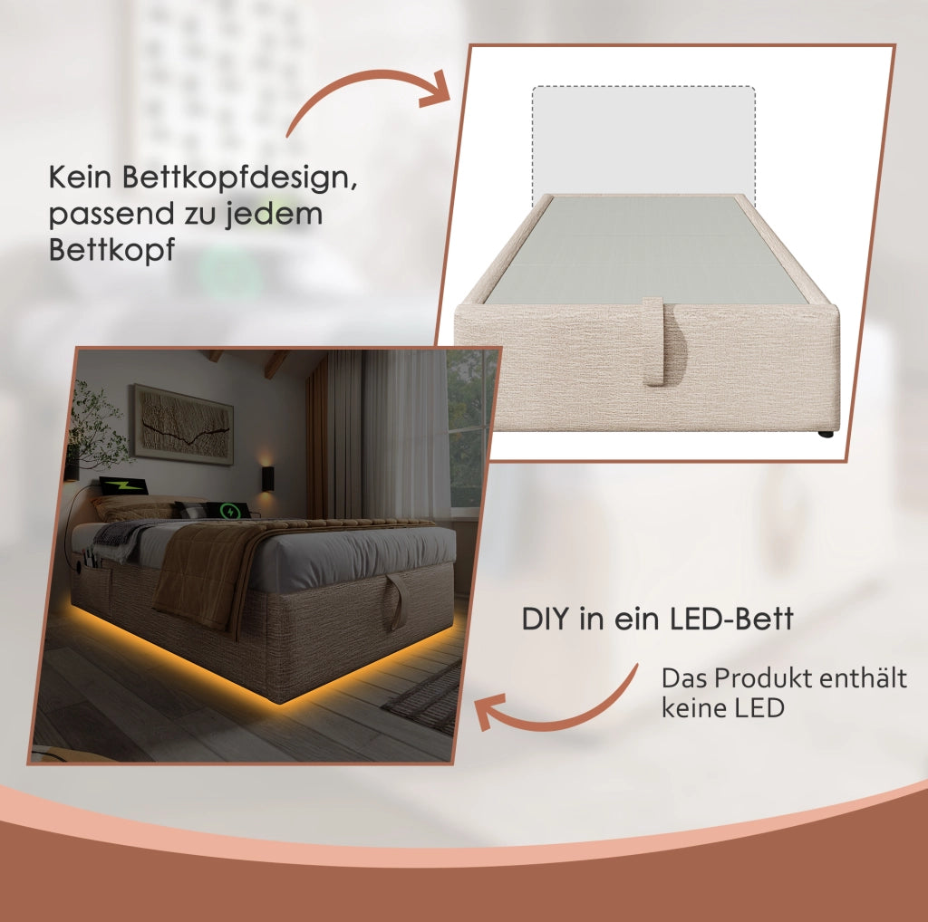 Letto matrimoniale contenitore 160x200 cm in lino naturale con USB e Type-C; senza testiera