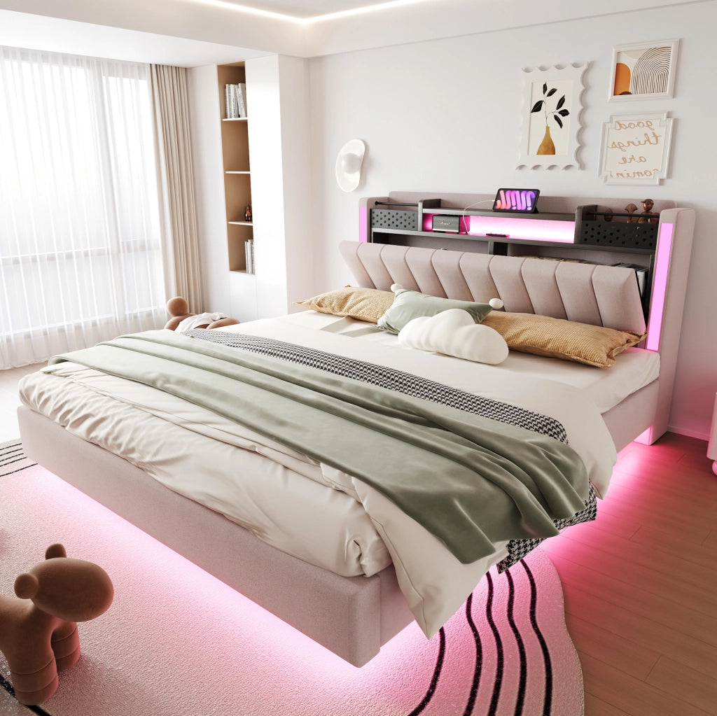 Letto imbottito ULEVR 160x200 cm beige con LED, USB e testiera con vano contenitore
