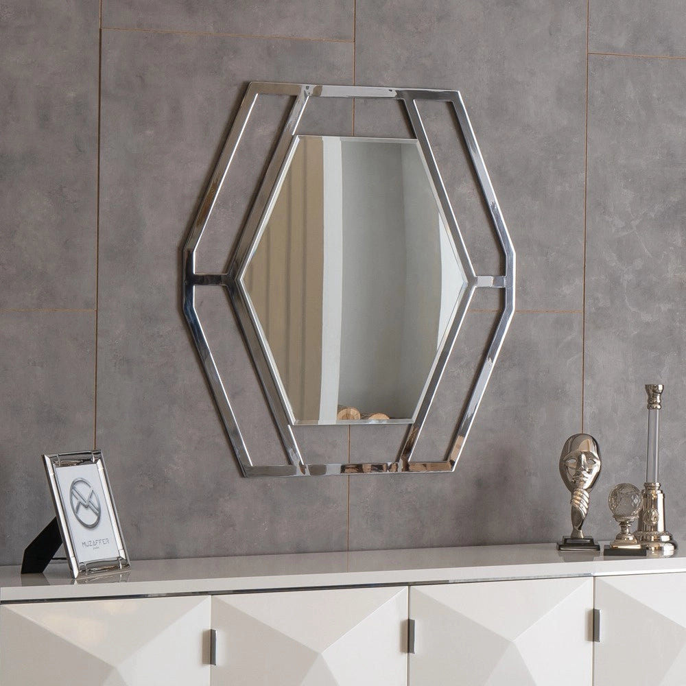 Specchiera esagonale Enzio in metallo cromato – Design moderno ed elegante per soggiorno e zona Living