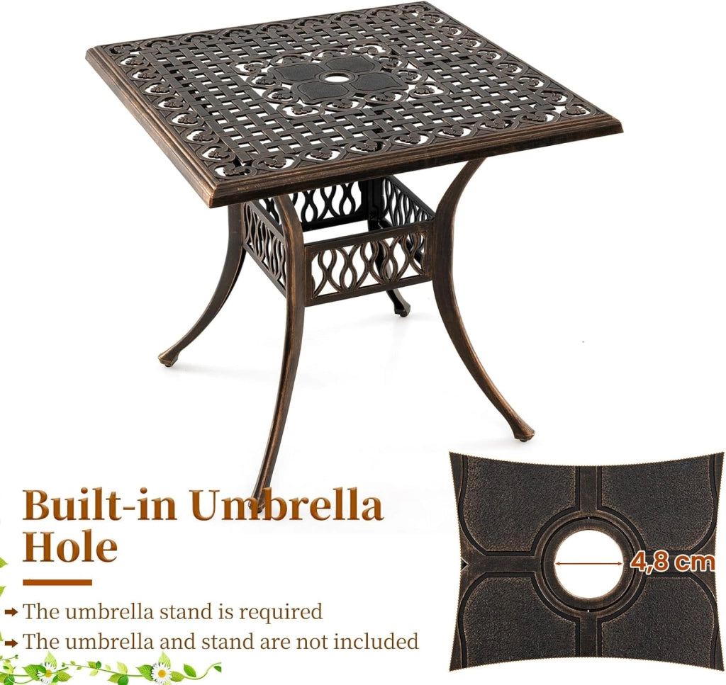 Tavolo da giardino quadrato con foro di 4,8 cm, tavolo da balcone con piedini regolabili, tavolo da bistrot in alluminio pressofuso, tavolo da pranzo per balcone, terrazza, giardino, 80 x 80