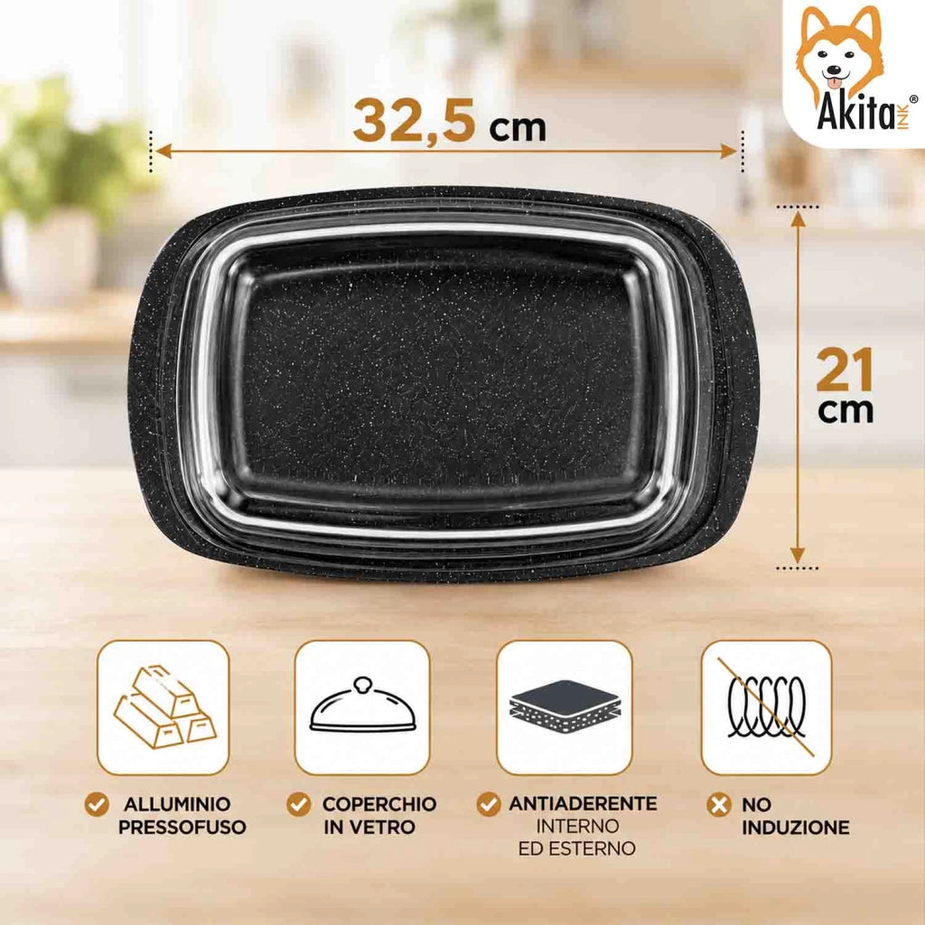 Akitaink Rostiera con Coperchio in Vetro 32,5x21 cm Antiaderente