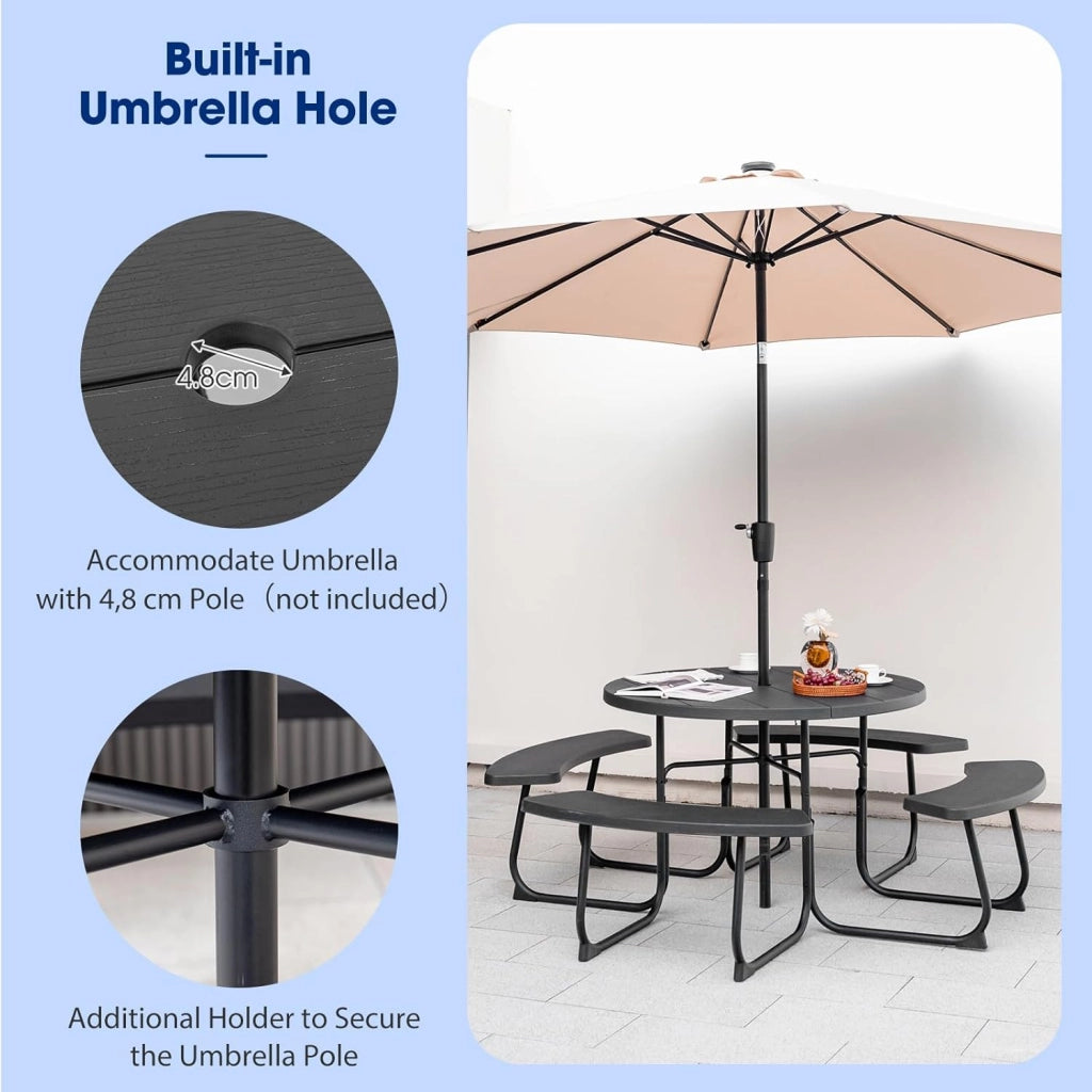 Set di Tavolo da Picnic Rotondo per 8 Persone, Set di Sedie e Tavolo con Foro per Ombrellone, Mobili da Giardino con 4 Panche, in HDPE e Metallo, φ190 x 76 cm (Nero)