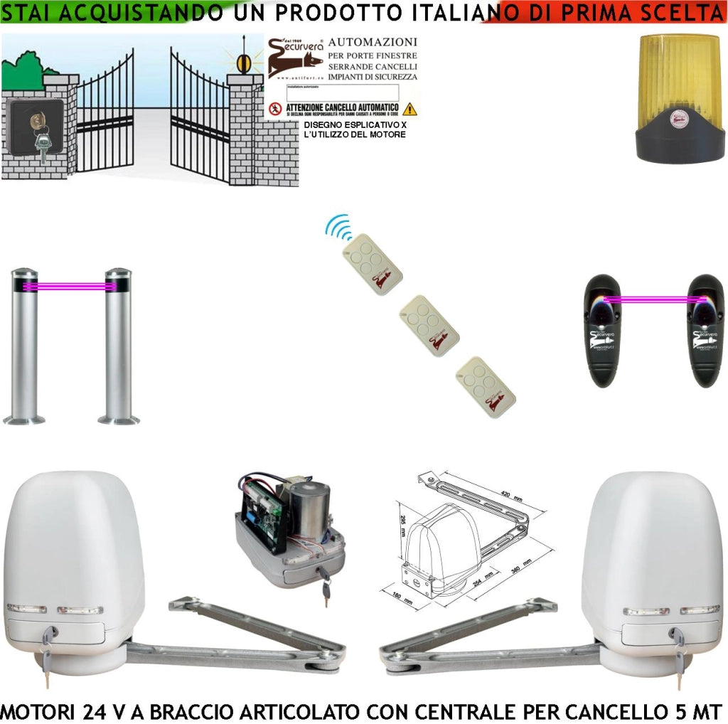 Kit 2 Motori a Braccio Articolato 24 V Cancello Automatico 2 Ante da 0,5 a 2,5 MT Centrale 220/24 V 3 Radiocomandi Faro Selettore 2 Fotocellule 2 Paline