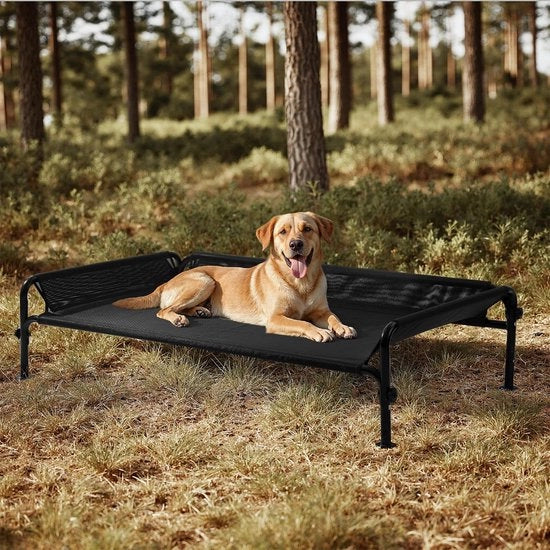 Honden letto all'aperto, letto per cani elevato, letto per cani per esterno, lavabile e robusto con buona circolazione dell'aria, nero, L, 124,5 x 77,7 x 31 cm