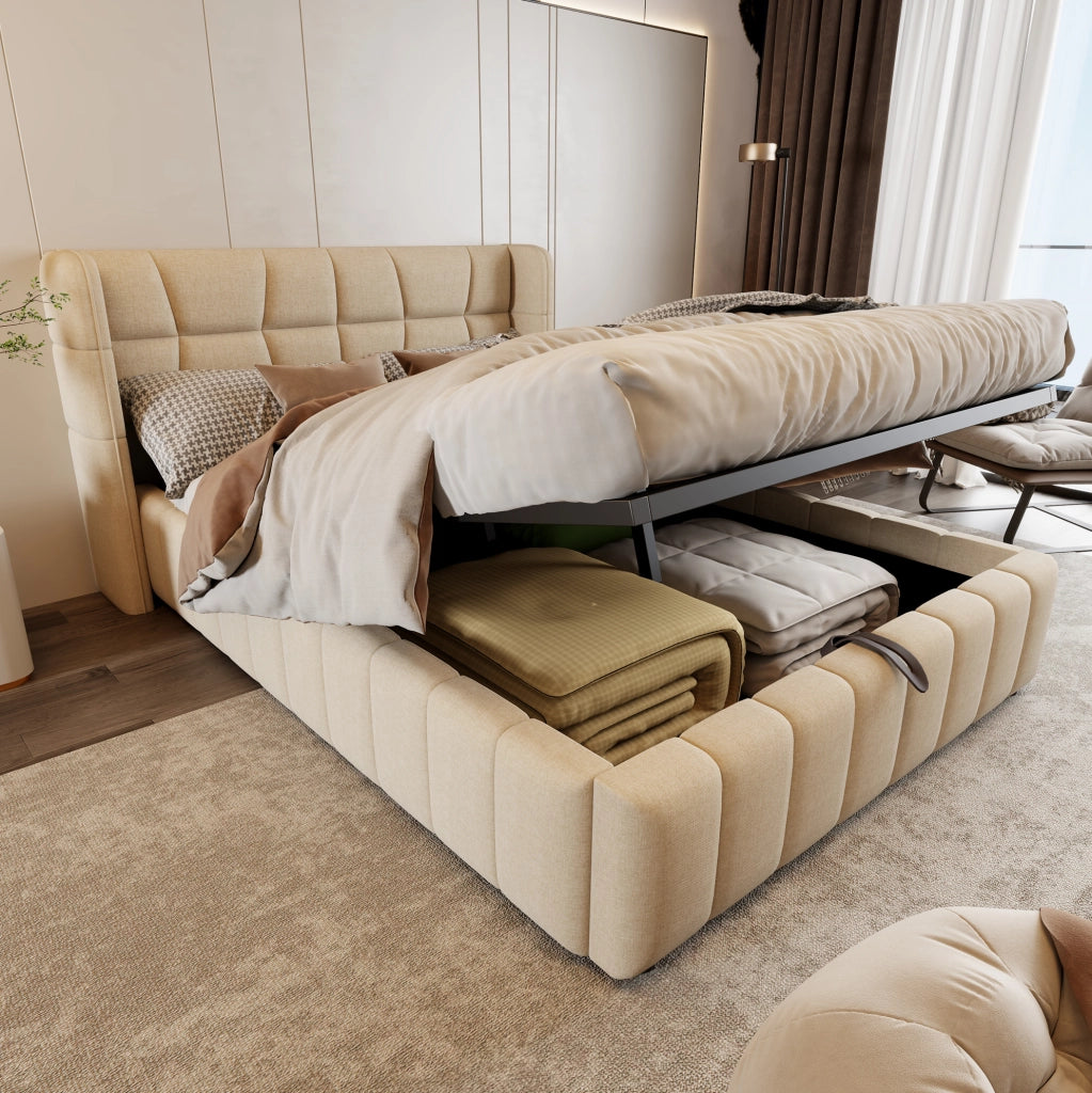 Letto imbottito 140x200 cm con vano contenitore e testiera rivestita beige