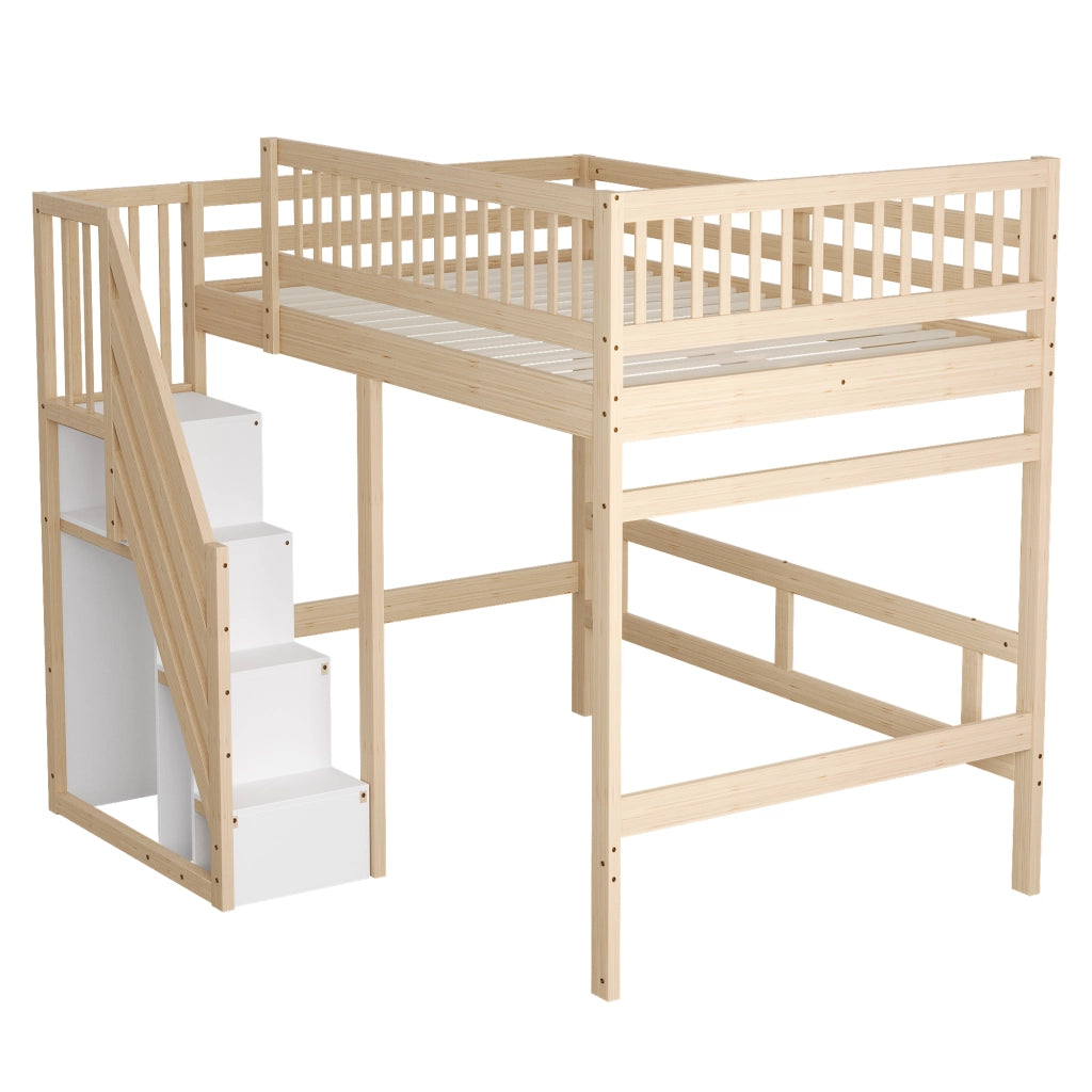 Letto in legno massello naturale con scala e vano contenitore altezza parapetto 140x200 cm