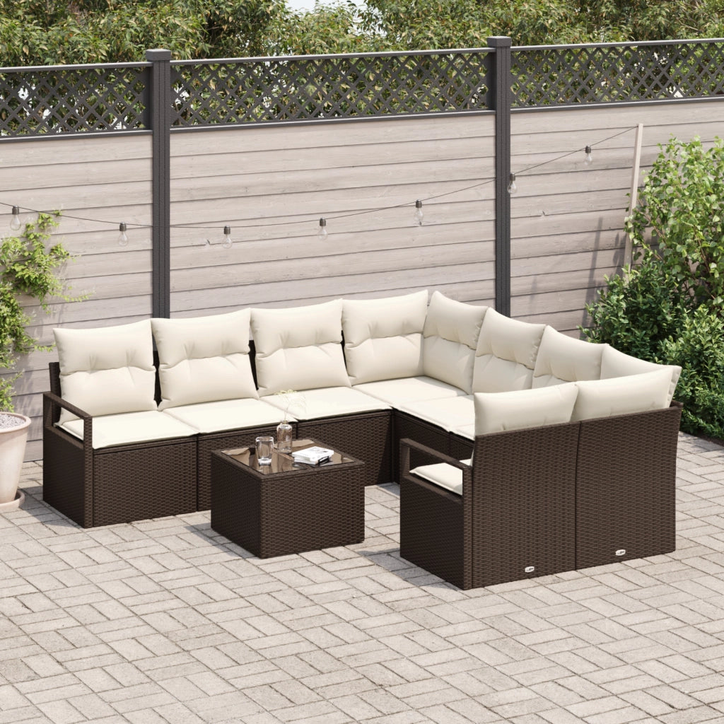 Set divano da giardino 9 pezzi con cuscini marrone in polirattan