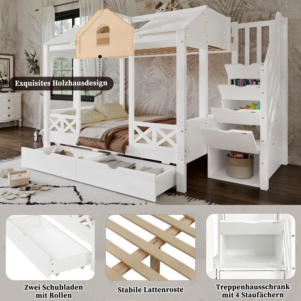 Letto a Castello con Cassetti e Scaletta ¨C MINIMAL ¨C Pino/MDF, Bianco, 90x200 & 140x200