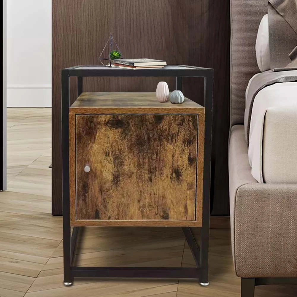 Tavolino Divano Mobiletto Comodino in Metallo Legno e Vetro con Anta e Ripiano