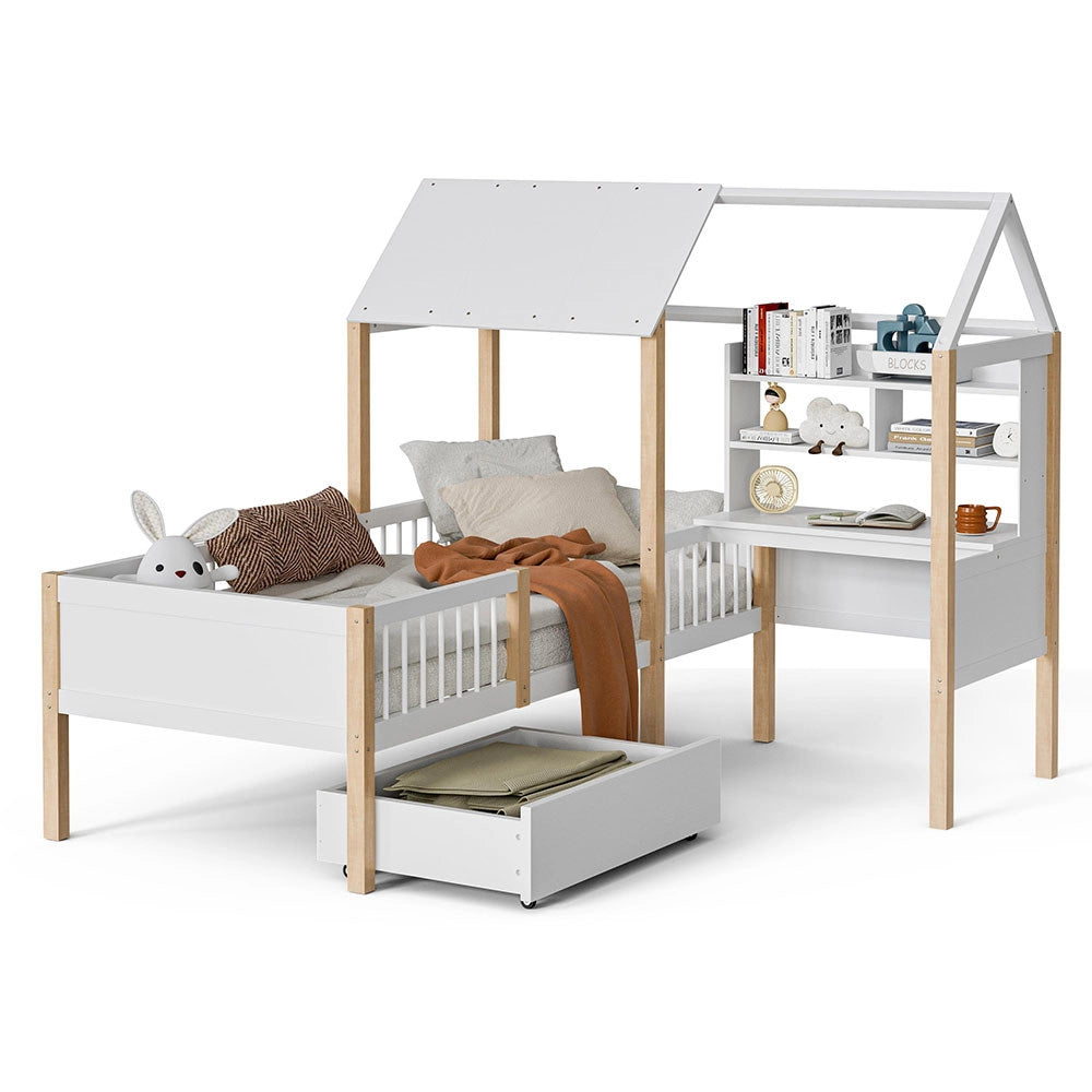 Letto bambino 90x200cm - Xylo - bianco, scrivania L, cassetti, sicuro