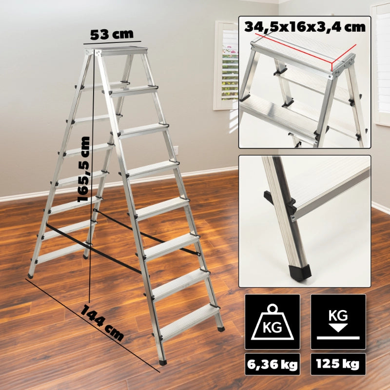 Scala domestica in alluminio KADAX a 8 gradini, pieghevole a doppia faccia, portata massima 125 kg.