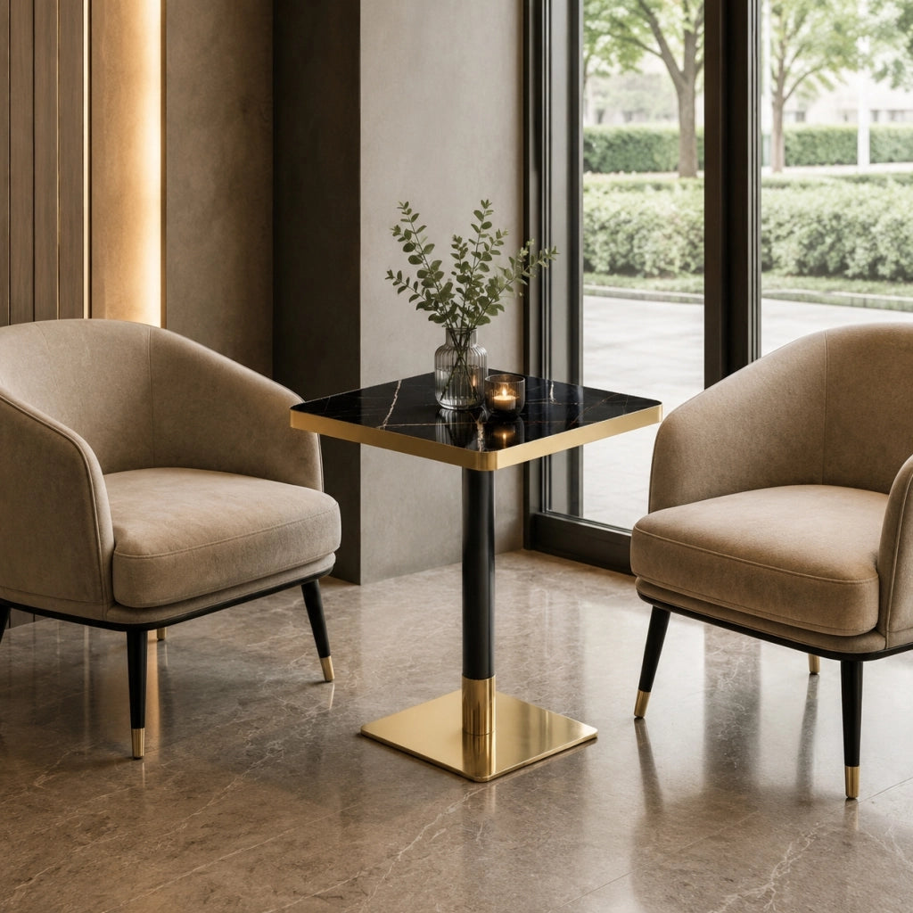 Tavolo da pranzo quadrato in MDF effetto marmo con bordo dorato e base in metallo per 2-4 persone 60 × 60 cm