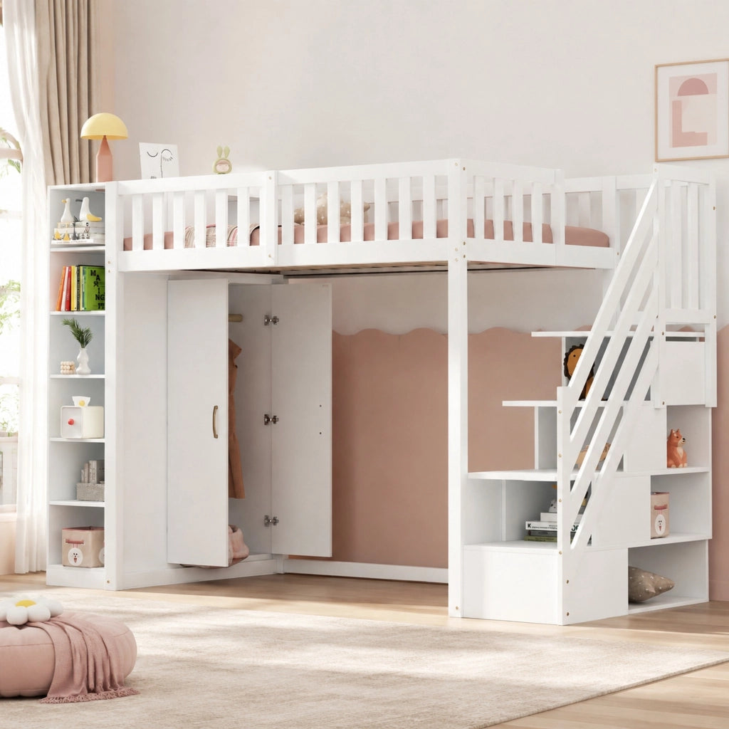 Letto a soppalco per bambini 90x200 cm con armadio; gradini contenitore e ripiani; bianco