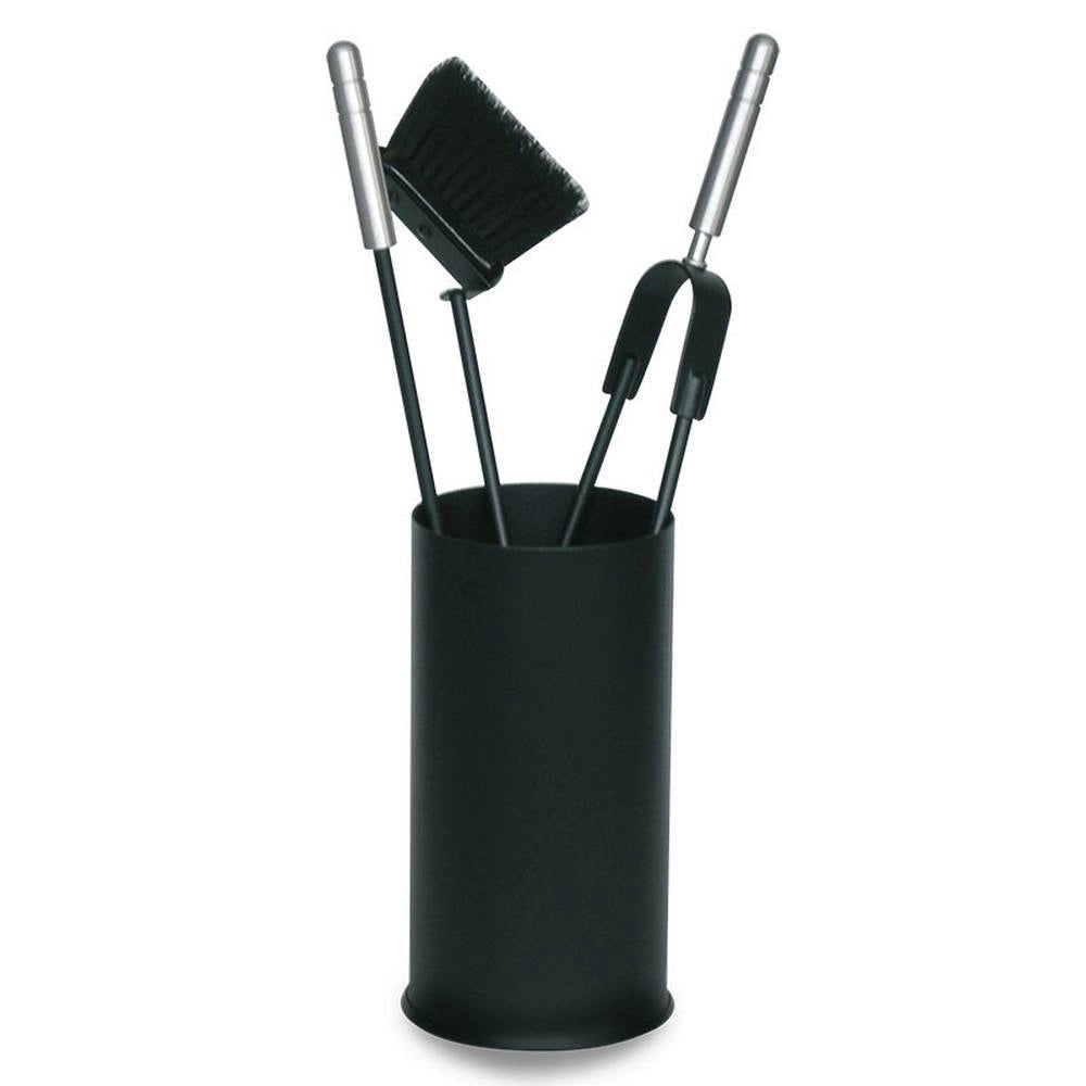 Porta attrezzi camino acciaio nero manico argento 3 accessori h.60 d. 16 cm.  Made in Italy