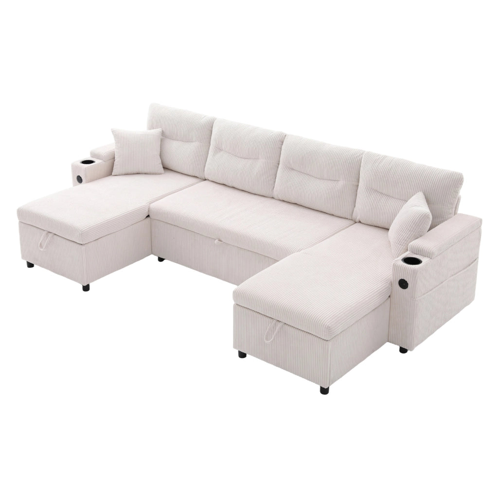 Divano 4 posti con due chaise longue; contenitore; portabicchieri e USB-C; 272x136x86 cm; beige