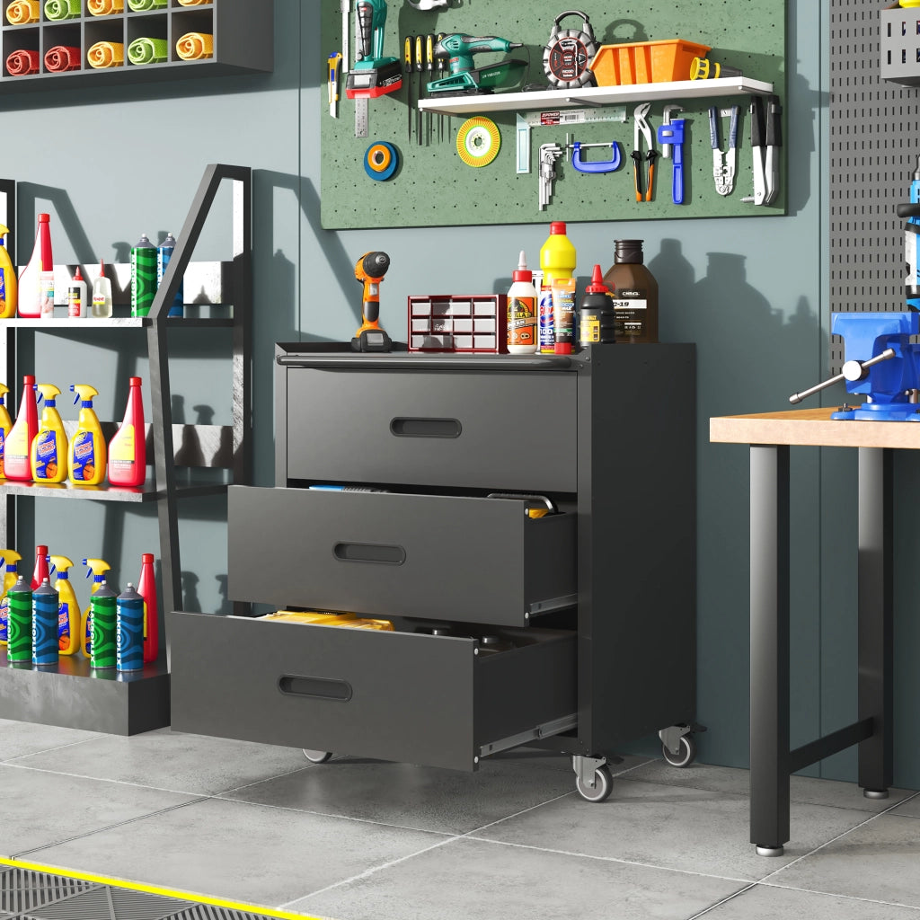 Cassettiera per attrezzi con ruote ¨C zephmum ¨C 3 cassetti, 75x42x88 cm, nero/grigio