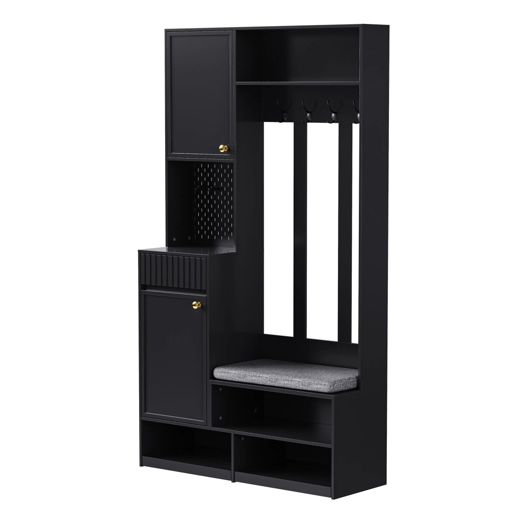 Mobile da ingresso con 1 Anta; 2 Cassetti; 4 Ganci e Panca imbottita per Ingresso in MDF 100×35×180 cm Nero