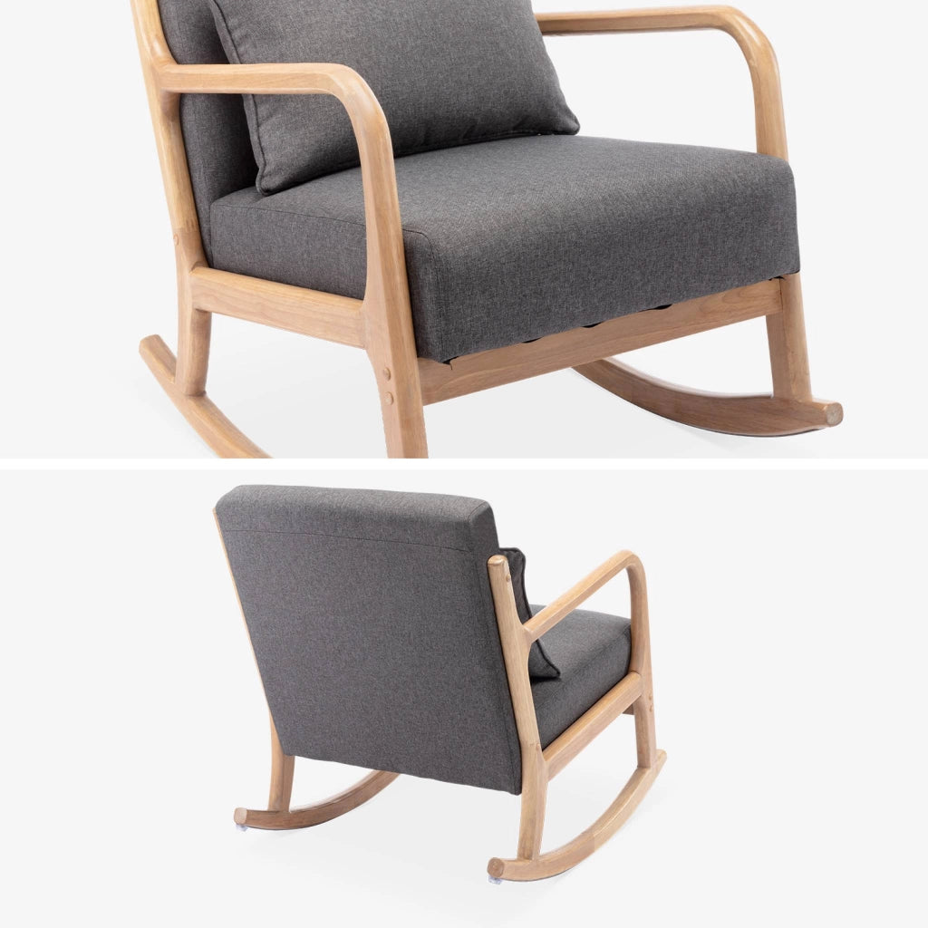 Poltrona scandinava a dondolo in legno e tessuto con braccioli, grigio