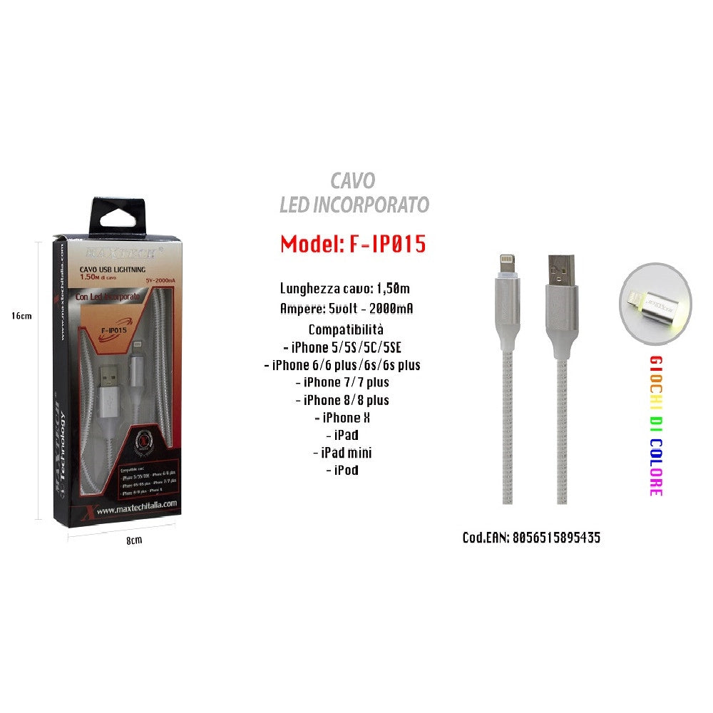 Trade Shop - Cavo Ricarica Led Incorporato Per Iphone Ipad Ipod 5volt-2000ma Maxtech F-ip015 -