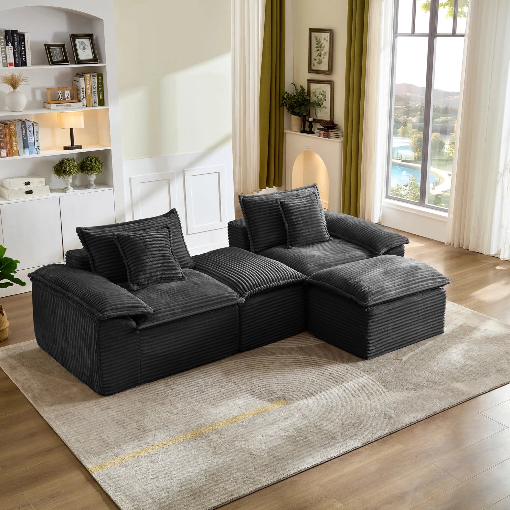 Divano a 2 posti con pouf in velluto a coste, schiuma elastica e molle, facile da pulire, per soggiorno, nero