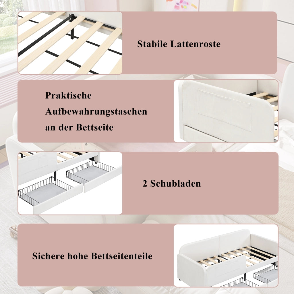Letto a Divanetto 90x200 cm; Letto Singolo - 2 Cassetti e 3 Tasche - Velluto Bianco