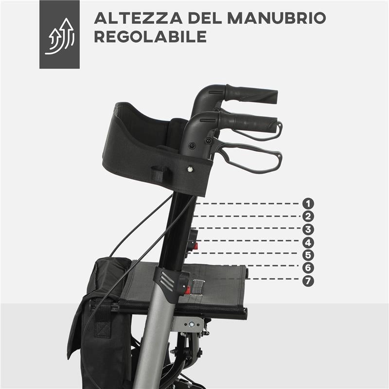 DEAMBULATORE PIEGHEVOLE IN ALLUMINO AD ALTEZZA REGOLABILE CON BORSA 67X65X79.5-94 CM NERO E ARGENTO