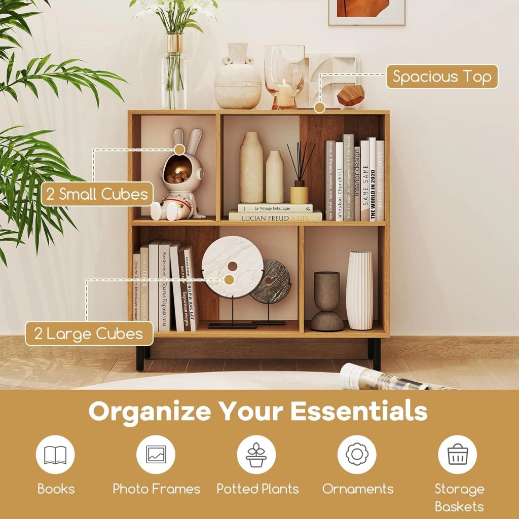 Mobiletto con 4 Cubi e 2 Livelli, 90 x 30 x 90 cm, Libreria con Scomparti Semi-Aperti e Gambe in Metallo, Adatta per Appartamenti, Dormitori, Uffici (Naturale)