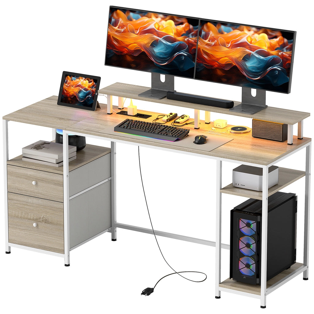 Scrivania computer con LED regolabili e cassetti ¨C Xylo ¨C legno naturale 155,5x48x88,5 cm