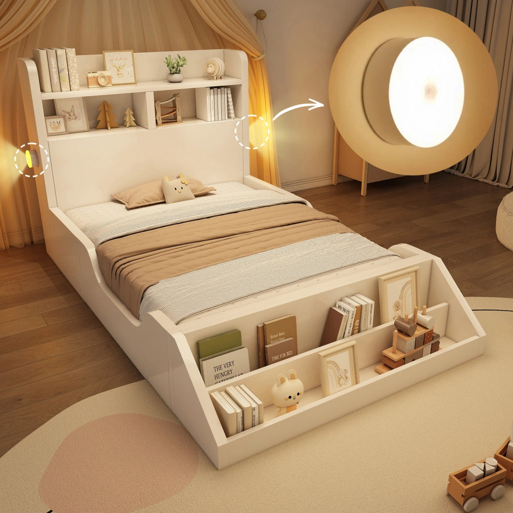 OKWISH Letto Bambino 90×200 cm, Letto Singolo con 2 Luci Notturne, Mensole e Libreria Rimovibile, senza Materasso, in Legno, Bianco