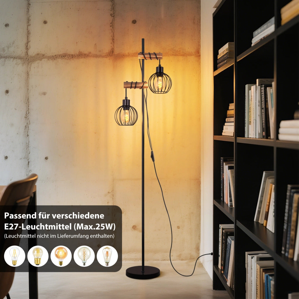 ZMH Lampada da terra nera 2 luci E27 metallo industriale vintage 151cm senza lampadina