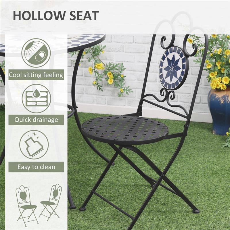 SET DA GIARDINO CON 2 SEDIE PIEGHEVOLI E 1 TAVOLINO A MOSAICO NERO