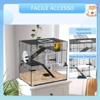 Gabbia per Criceti a 3 Livelli con Ruota, Rampe e Fondo Rimovibile, 60x40x57cm, Nero