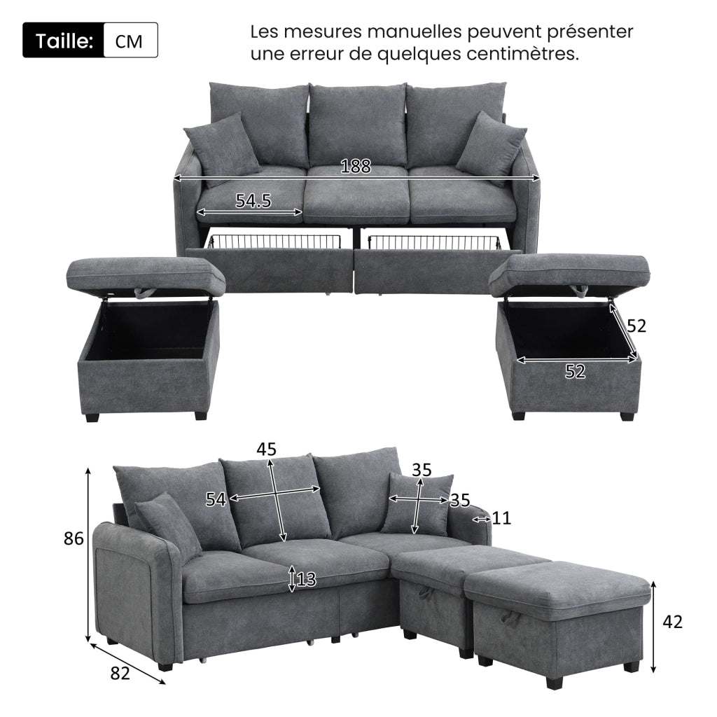 Divano Angolare con Funzione Letto e Contenitore; 2 Pouf Modulari; in Ciniglia; Grigio Scuro