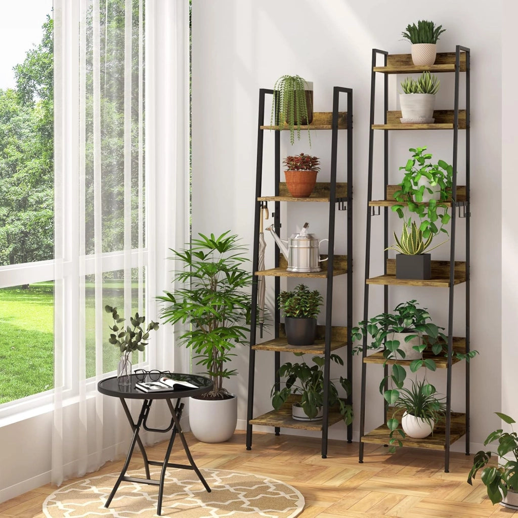 Libreria a 6 Ripiani, Scaffale con 4 Ganci Industriale, Scaffale a Scala in MDF e Metallo per Soggiorno, Cucina, Studio, Ufficio,Nero,41x36x187cm RGB930hov