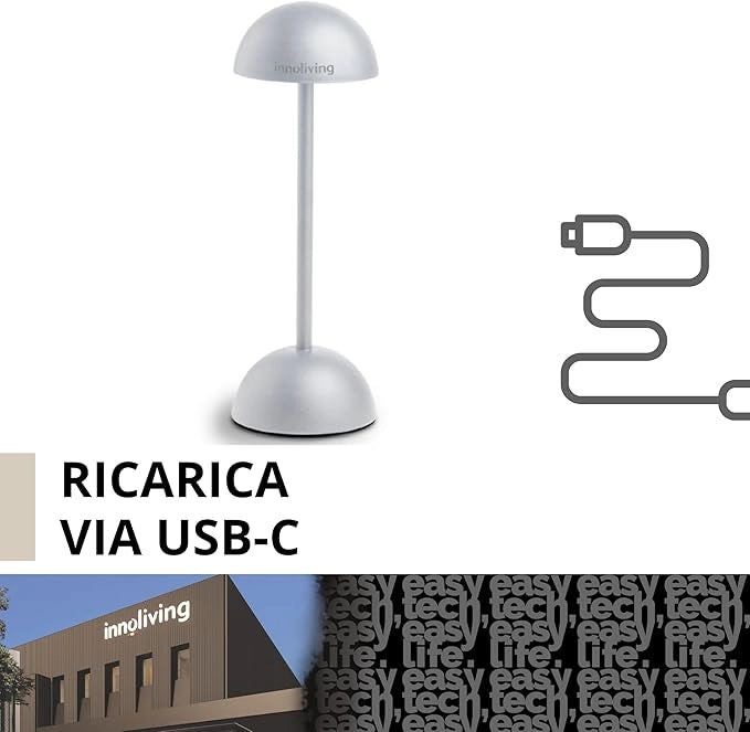 Innoliving lampada LED da tavolo INN-293 Bianca, ricaricabile USB, Touch con Luce Dimmerabile a 3 Livelli per interni ed esterni