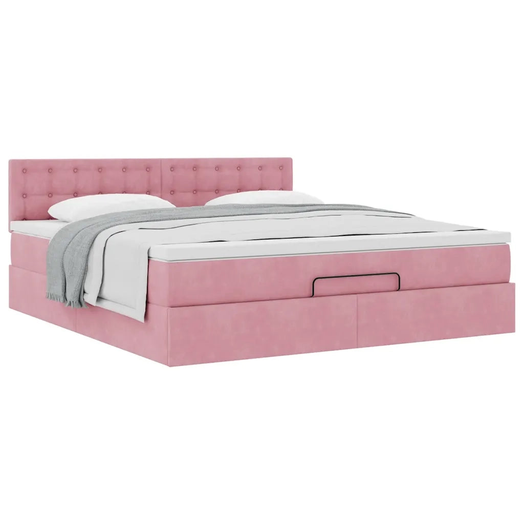 Struttura Letto Pouf con Materasso Rosa 160x200 cm in Velluto 3311932