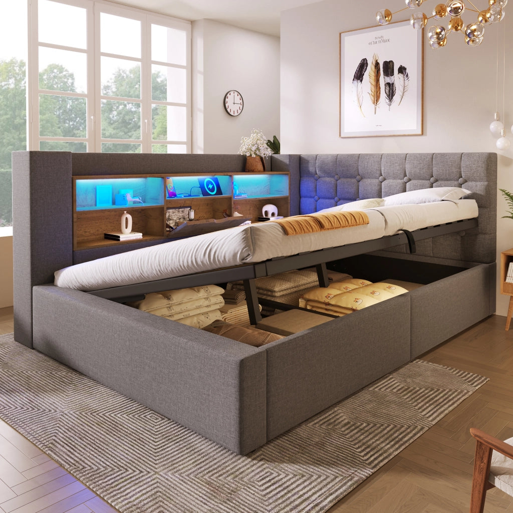 LETTO Contenitore 140x190 cm Grigio in lino con LED e porte di ricarica