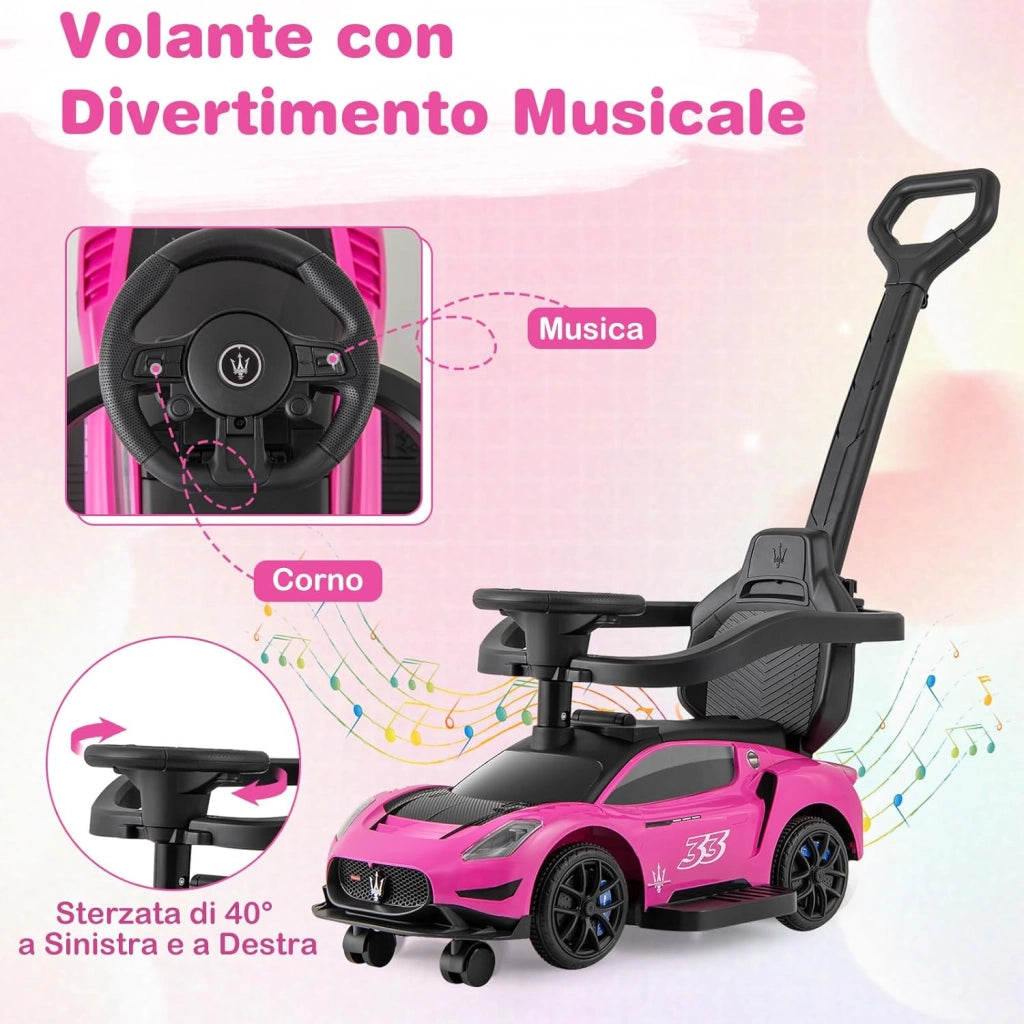 3 in 1 Maserati Auto da Spinta, Auto Scorrevole con 2 Ruote Universali Volante Musicale Paracolpi e Manubrio, Macchina Cavalcabile con Ripostiglio per Bambini 18-60 Mesi (Rosa)