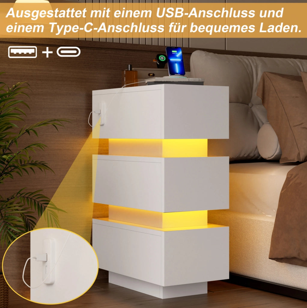 COMODINO con LED e USB/Type-C 20x40x59,5 cm Bianco, Set da 2 pezzi