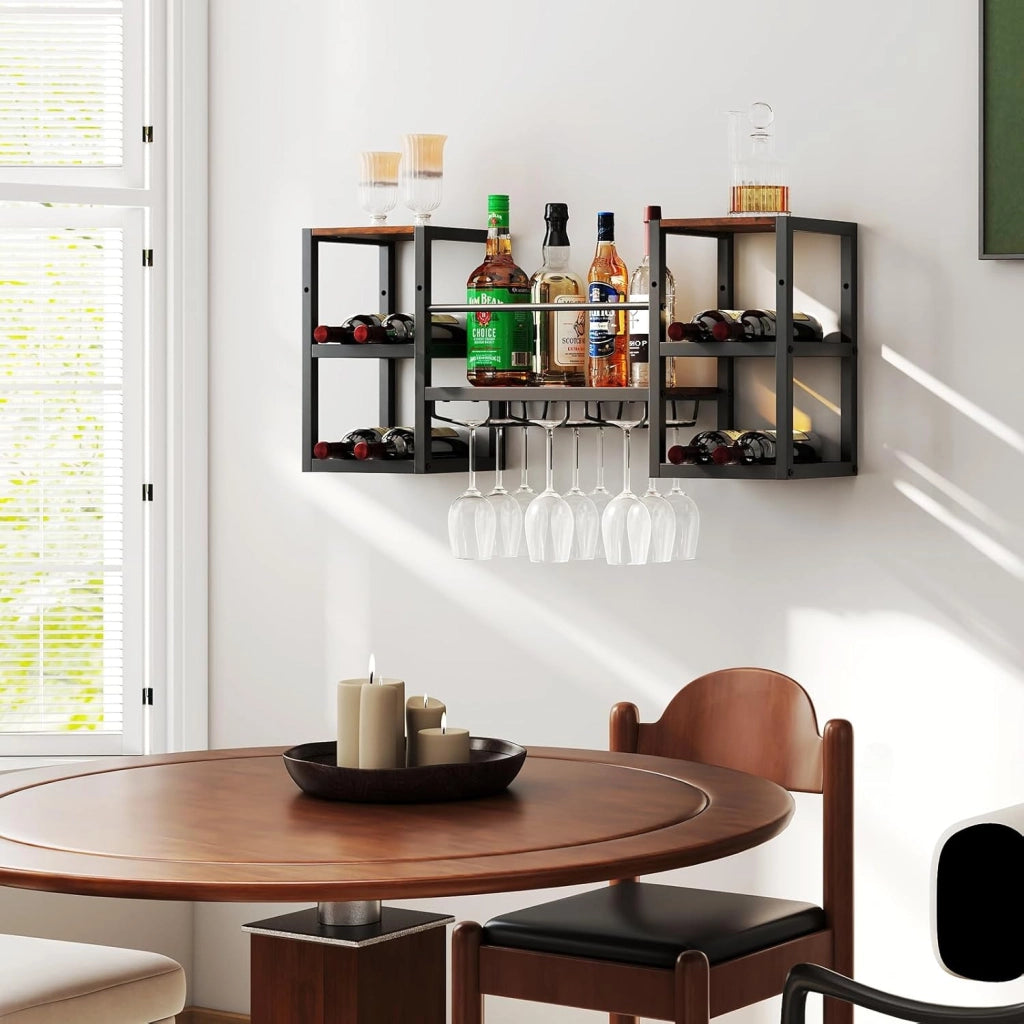 Portabottiglie da Parete con Porta Bicchieri, Struttura in Metallo per 8 Bottiglie con Ripiano Aperto, Scaffale da Muro a 3 Livelli per Sala da Pranzo e Cucina, 89 x 25 x 40 cm