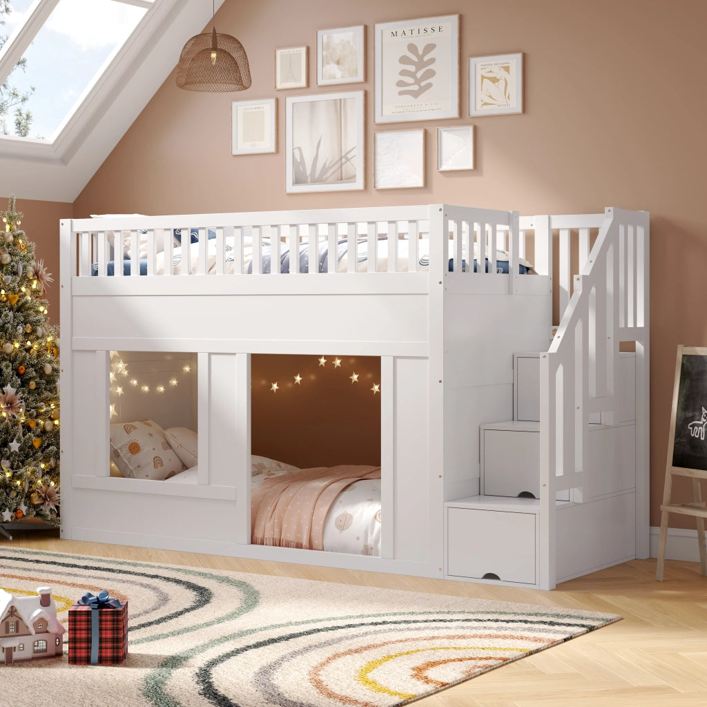 Letto a castello per bambini con scala armadio e area gioco, 90x200 cm, bianco
